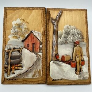 Wood Relief Wall Hanging Set by Canadian Quebec Artist N. Nadeau Maple Sugaring